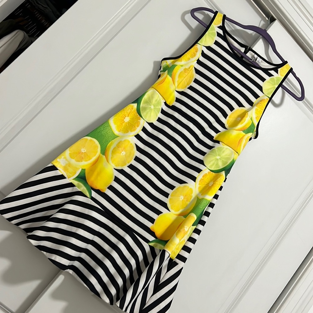 Elle dress, lemon lime details / black and white striped dress